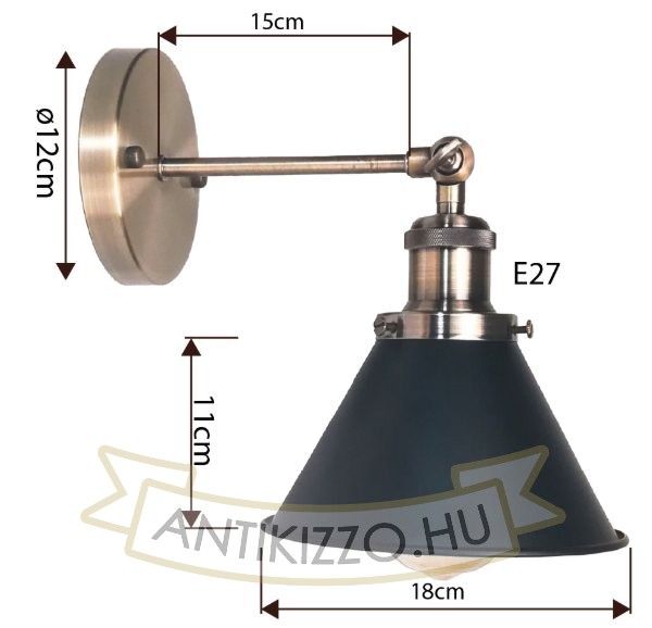 Kúpos fém búrás E27 fali lámpa antik bronz karral