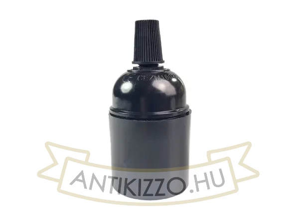 E27 bakelit foglalat – sima külső felület – fekete – M10×1 rögzítéssel + kábelrögzítő