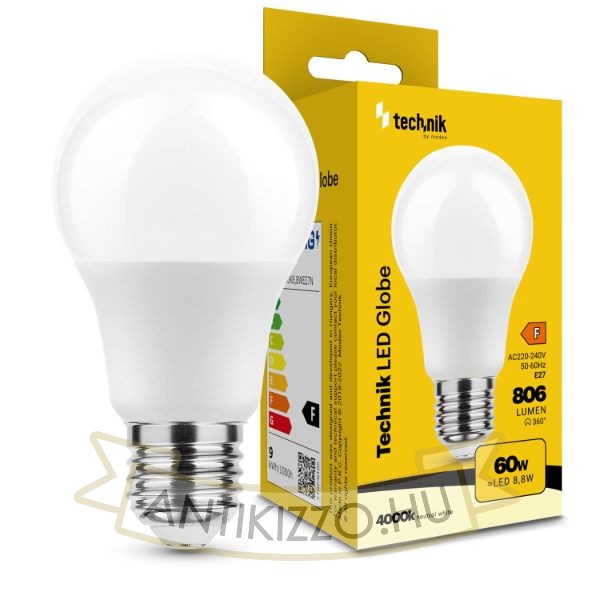 Technik LED Izzó Globe A60 8,8W E27 360° 4000K (806 lumen) ERP
