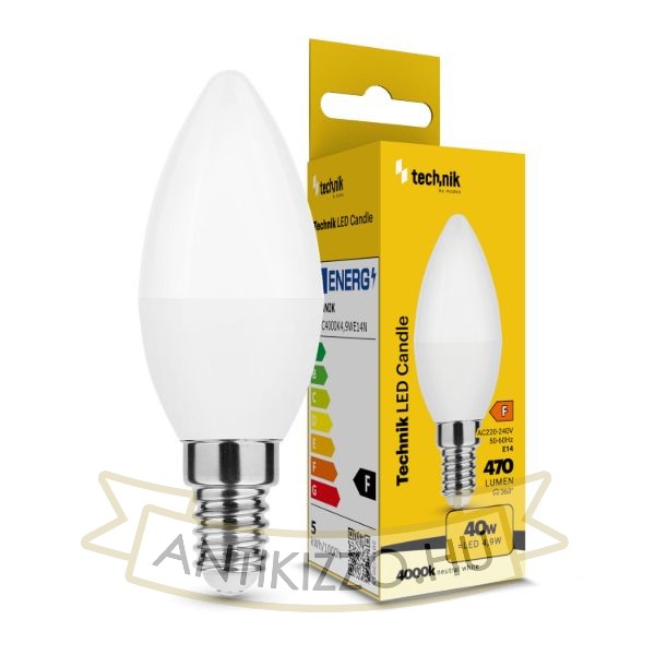 Technik LED Izzó Gyertya (Candle) C37 4,9W E14 200° 4000K (470 lumen) ERP