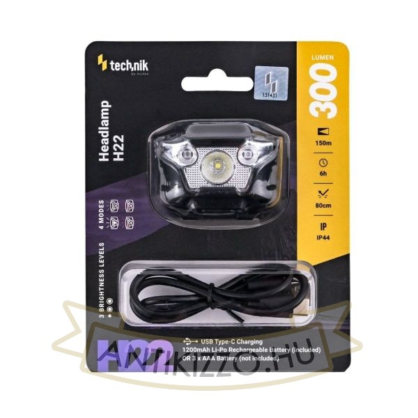 Technik Fejlámpa H22 (+1x akkupack) XPG3 LED + Type-C (300 lumen)