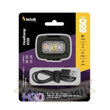 Technik Fejlámpa H30 (akkumulátoros) SST20 LED + Vörös fény + USB-C (650 lumen)