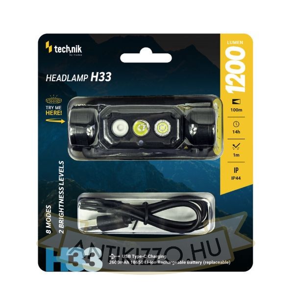 Technik Fejlámpa H33 (+1x18650) SST20 LED + USB-C (1200 lumen)