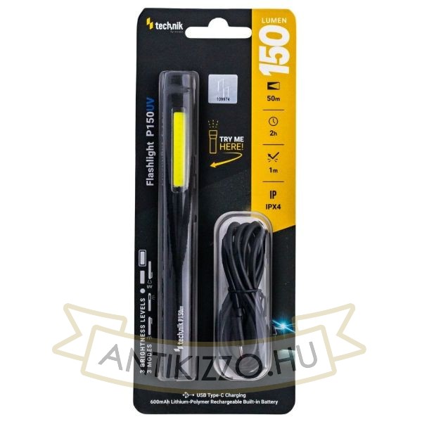 Technik Elemlámpa P150UV (akkumulátoros) LED+UV + USB-C (150 lumen)