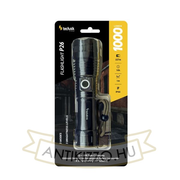 Technik Elemlámpa P26 (+1x26650 3500mAh) P50 LED + USB-C (1000 lumen)